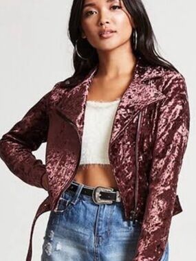 Forever 21 Crushed Velvet Moto Jacket - Burgundy
